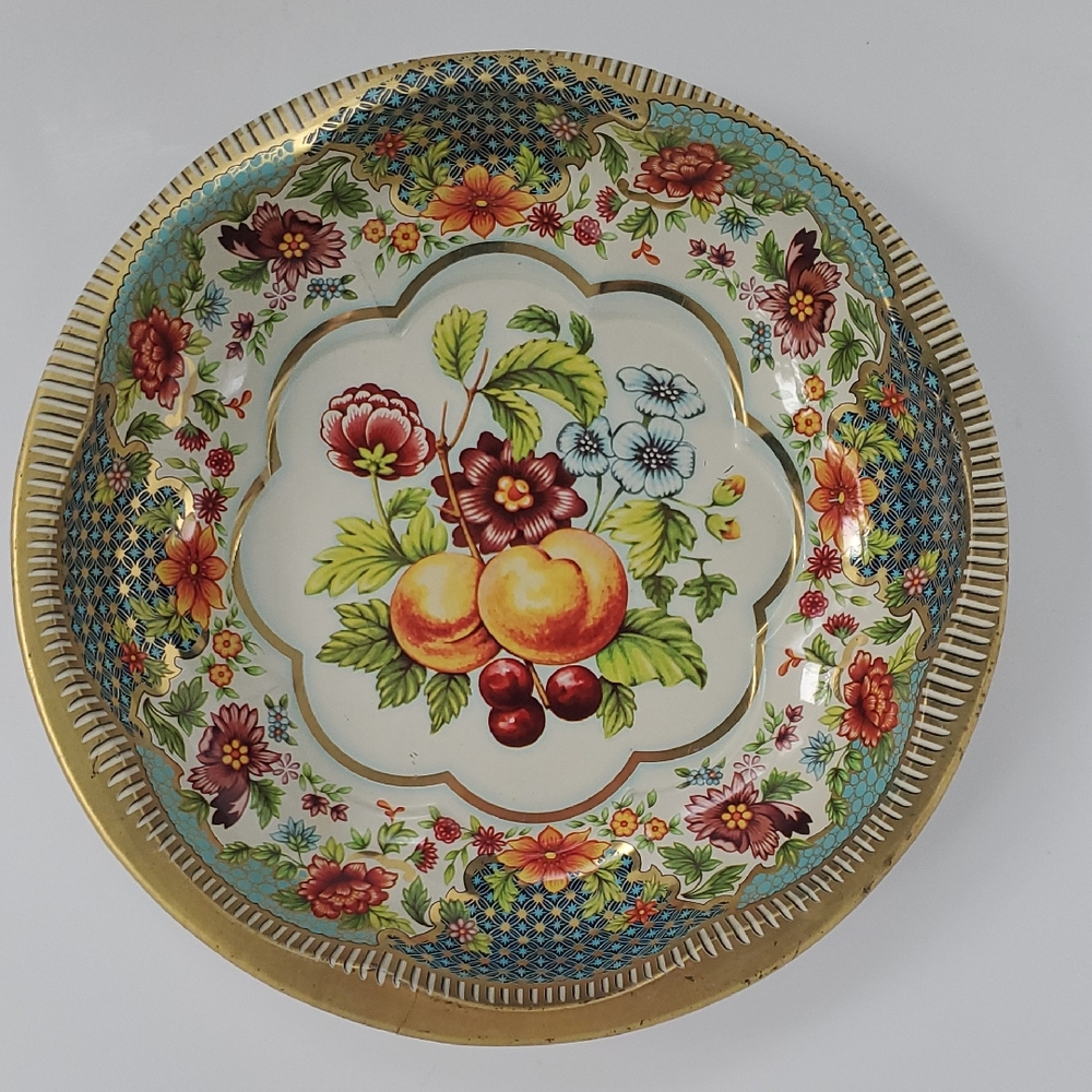 Collectible Vintage Daher 1971 ENGLAND Floral Peaches Tin Bowl Serving Tray